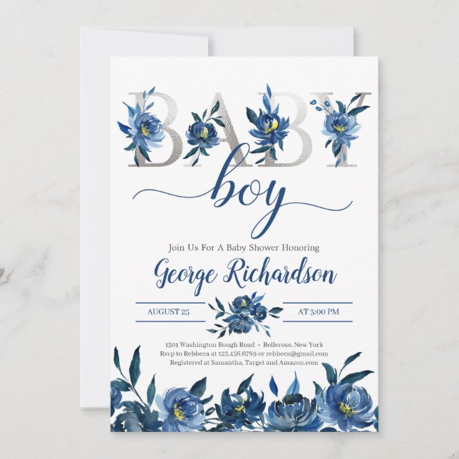 Deep Navy Floral und Silver Letters Baby Boy Boho Einladung (Vorderseite)