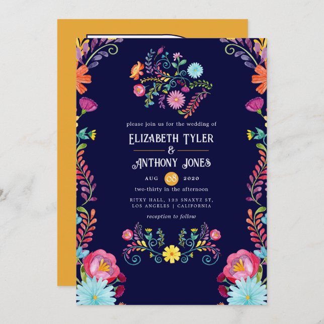Deep Navy & Marigold Floral Mexican Fiesta Wedding Einladung (Vorne/Hinten)