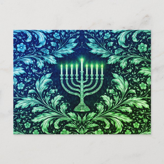 Deep Navy Menorah William Morris Pattern Postkarte (Vorderseite)