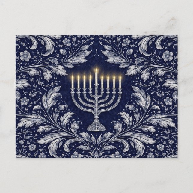 Deep Navy Menorah William Morris Pattern Postkarte (Vorderseite)