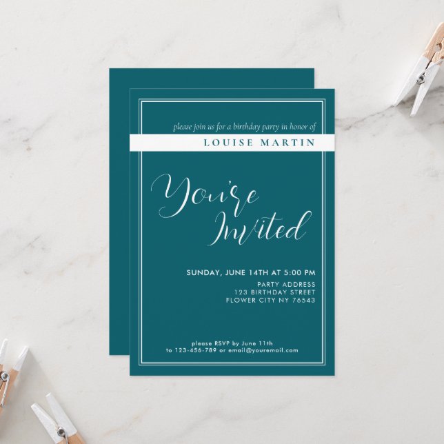 Deep Petrol Custom Birthday Einladung (Vorderseite/Rückseite Beispiel)