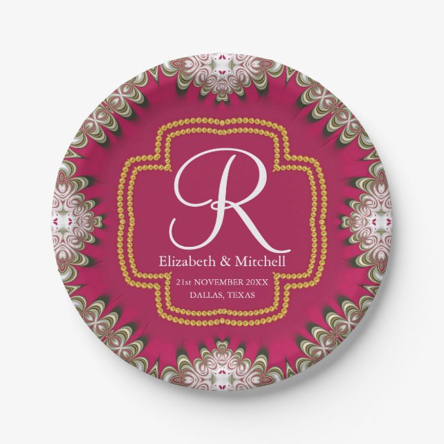 Deep Pink Gold Lacy Monogram Vibranding Energy Pappteller (Vorderseite)