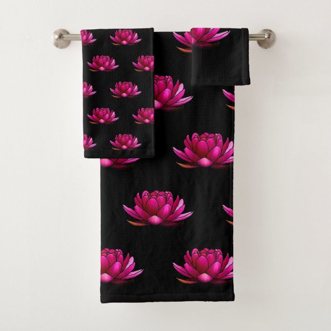 Deep Pink Lotus Blume auf schwarz Badhandtuch Set (Insitu)