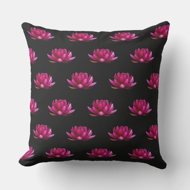 Deep Pink Lotus Blume auf schwarz Kissen (Vorderseite)
