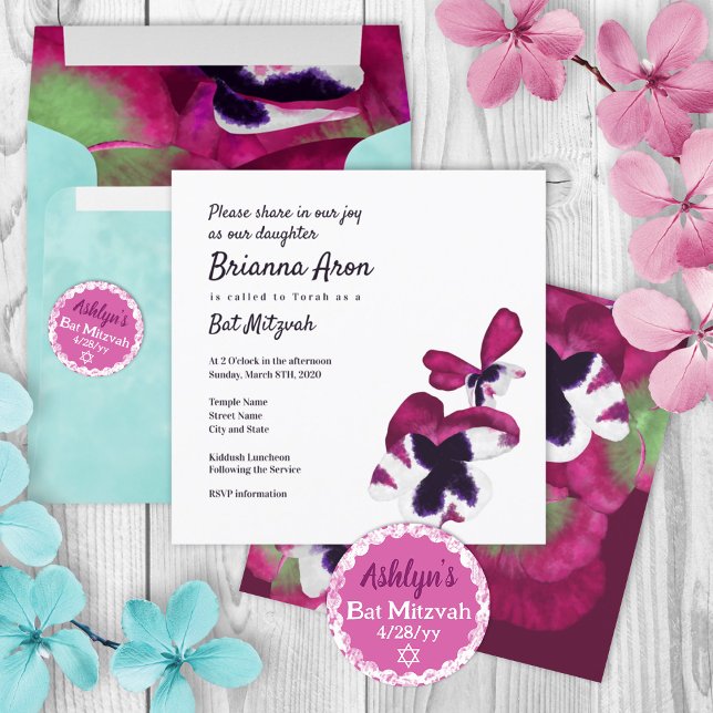 Deep Pink Stiefmütterchen Bat Mitzvah Einladung (pink purple turquoise floral bat mitzvah invitation, berry violet summer colors, 12 12th twelve)