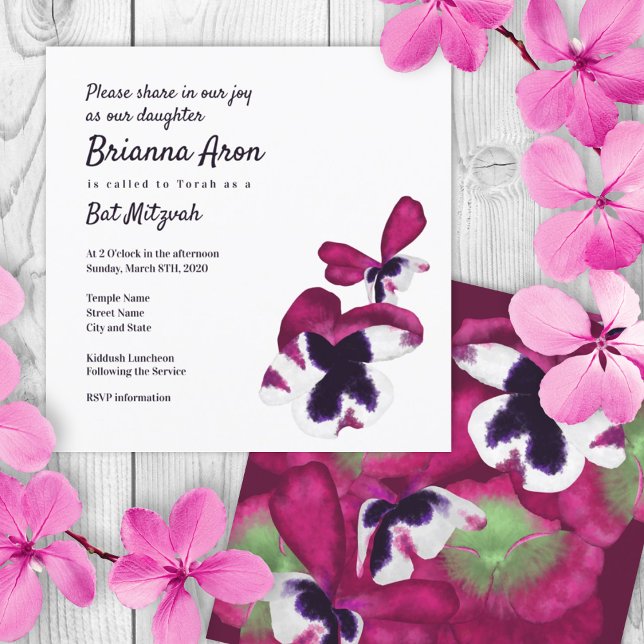 Deep Pink Stiefmütterchen Bat Mitzvah Einladung (pink purple flower petals pansy bat mitzvah invitation, berry violet summer colors, 12 12th twelve)