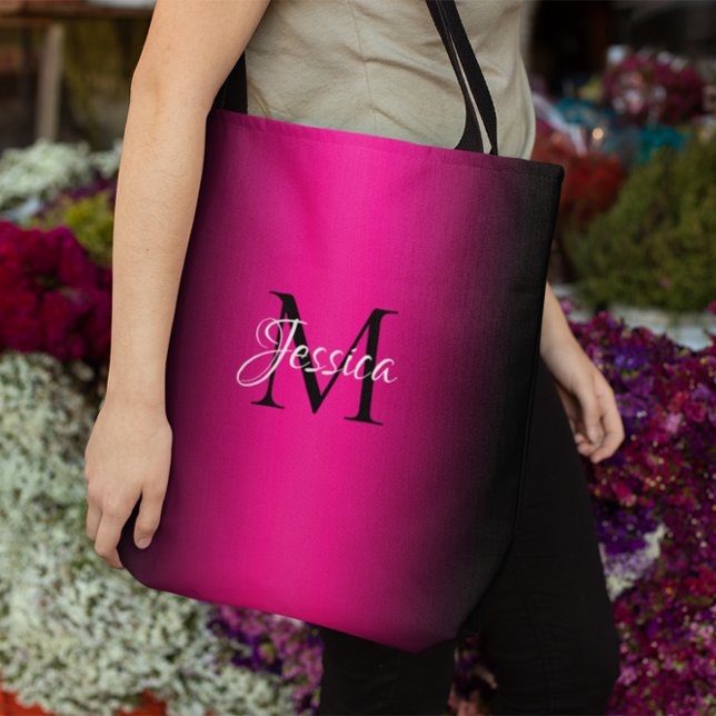 Deep Pink und Black Ombre Elegante Monogram (Deep Pink and Black Ombre Elegant Monogram Tote Bag)