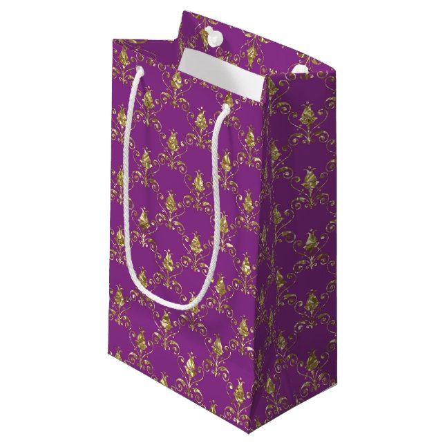Deep Pink und Gold Damask Geschenktasche Kleine Geschenktüte (Vorderseite Schrägansicht)