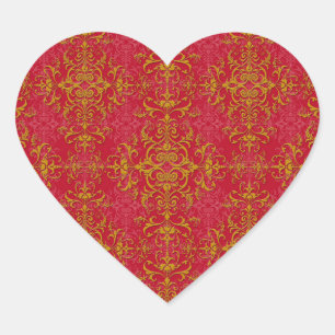 Deep Pink und Gold Elegante Damask Style Muster Herz-Aufkleber