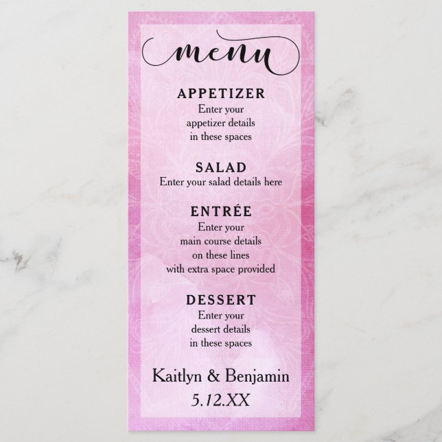 Deep Pink Watercolor & Mandala Wedding Menu Menükarte (Vorderseite)