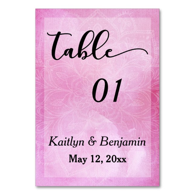 Deep Pink Watercolor Mandala Wedding Tischnummer (Vorderseite)