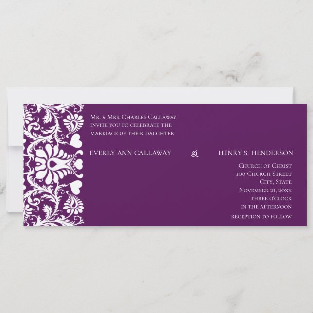 Deep Plum Damask Wirbel Hochzeitsfeier Einladung (Vorderseite)