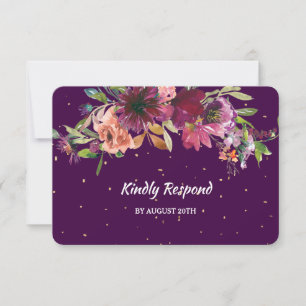 Deep Purple Floral Gold Konfetti-Menü Hochzeit-RSV RSVP Karte
