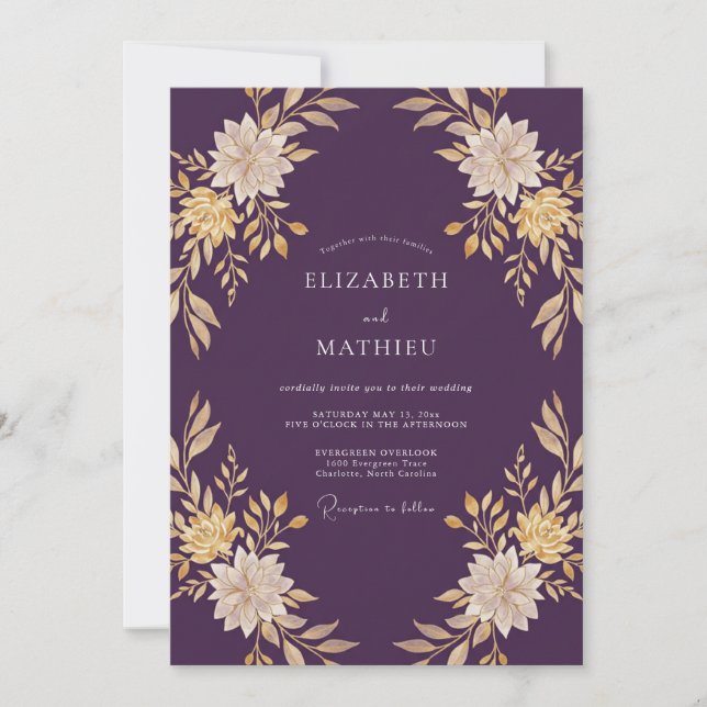 Deep Purple Gold Leaf Hochzeit Einladung (Vorderseite)