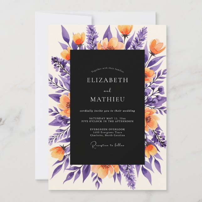 Deep Purple Orange Bold Botanical Wedding Einladung (Vorderseite)