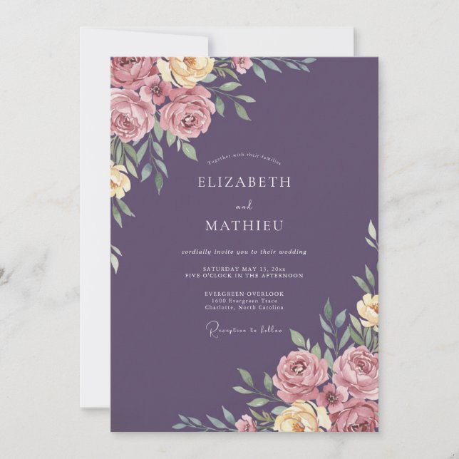 Deep Purple Petal Hochzeit Einladung (Vorderseite)