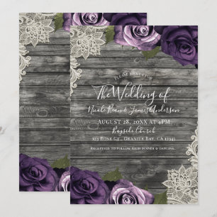 Deep Purple Rosen Grau Rustikale Spitze Hochzeit Einladung