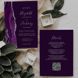 Deep Purple Silver Agate QR Code Hochzeit Einladung