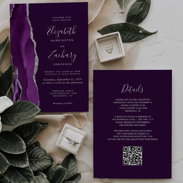 Deep Purple Silver Agate QR Code Wedding Einladung (Von Creator hochgeladen)