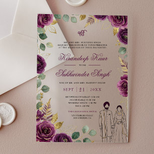 Deep Purple Watercolor-Rosen Florale Sikh-Hochzeit Acryleinladungen