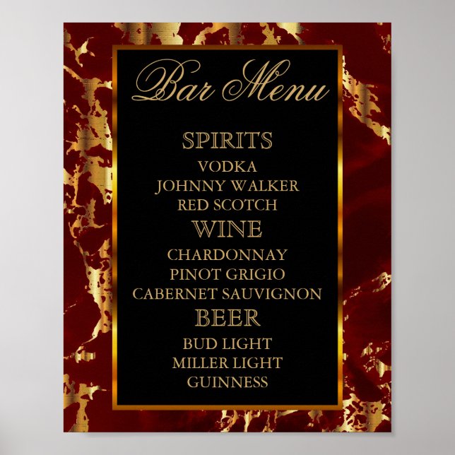 Deep Red and Gold Marmor and Black - Bar Menu Poster (Vorne)