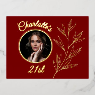 Deep Red Bale Yellow & Graphic Gold Leaf Geburtsta Folie Einladungspostkarte