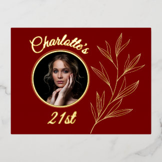 Deep Red Bale Yellow & Graphic Gold Leaf Geburtsta Folie Einladungspostkarte