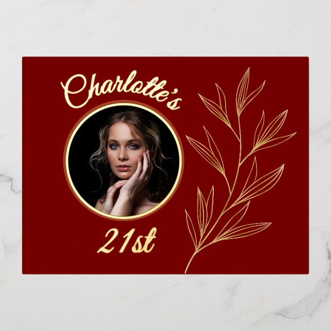 Deep Red Bale Yellow & Graphic Gold Leaf Geburtsta Folie Einladungspostkarte (Vorderseite)