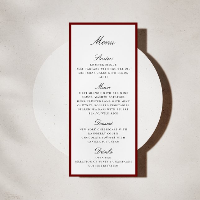 Deep Red Border Wedding Menu Card Menükarte (Von Creator hochgeladen)