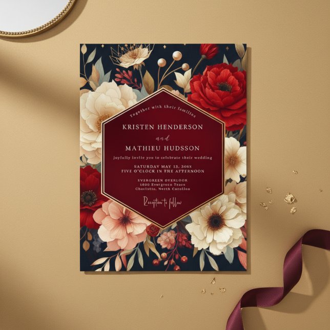 Deep Red Botanical Opulent Wedding Einladung (Von Creator hochgeladen)