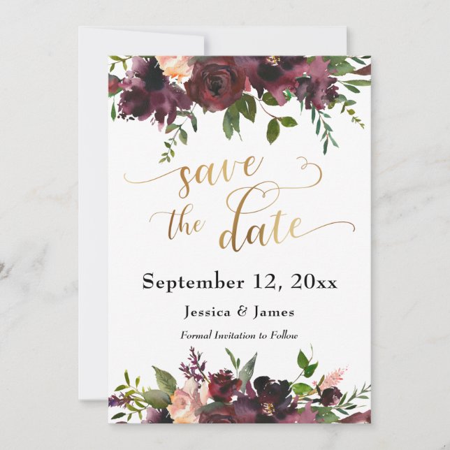 Deep Red Burgundy Floral Gold Save the Date Script (Vorderseite)