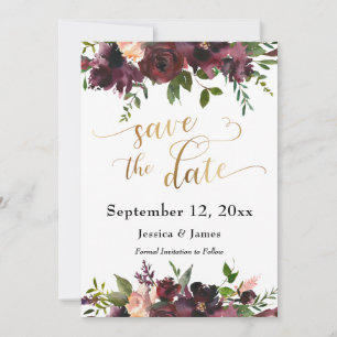 Deep Red Burgundy Floral Gold Save the Date Script