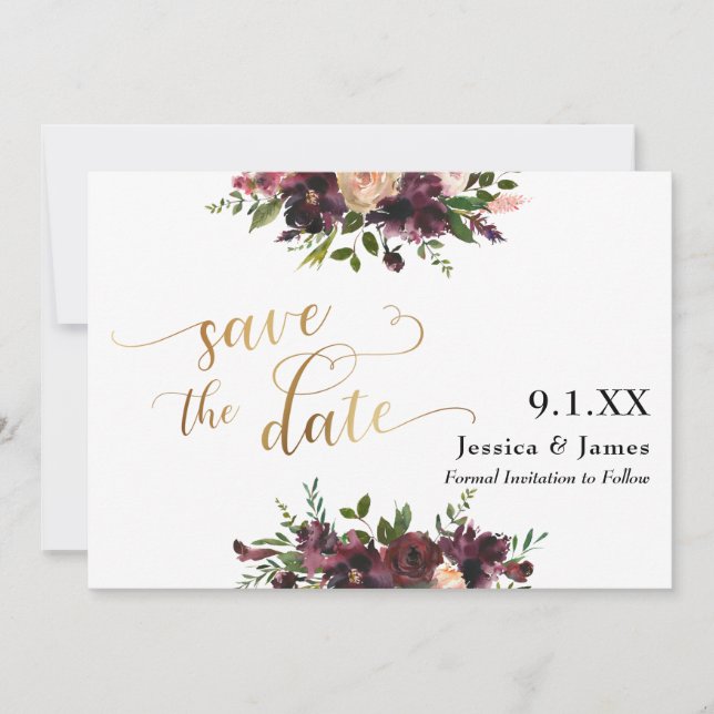 Deep Red Burgundy Floral Save the Date Gold Script (Vorderseite)