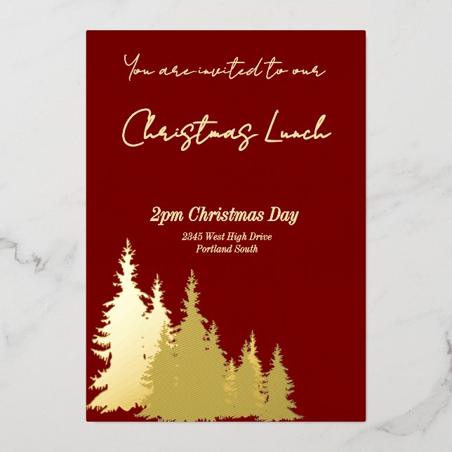 Deep Red Butter Yellow Trees Frohe Weihnachten Gol Folieneinladung (Vorderseite)