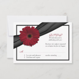 Deep Red Daisy Black Ribbon Wedding Repcard RSVP Karte