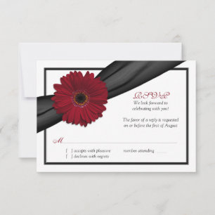 Deep Red Daisy Black Ribbon Wedding Repcard RSVP Karte
