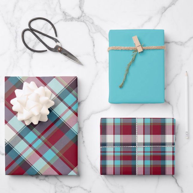 Deep Red, Dark Eclipse, Turquoise, Teal... Plaid Geschenkpapier Set (Vorderseite)