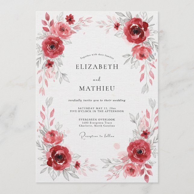 Deep Red Floral Flourish Wedding Einladung (Vorderseite)