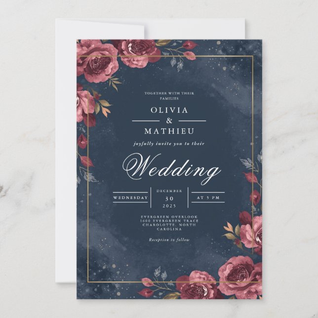 Deep Red Floral Navy Arch Wedding Einladung (Vorderseite)