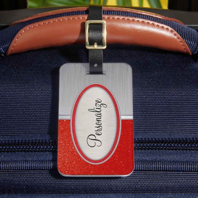 Deep Red Glitzer and Brush Steel Print Gepäckanhänger (Vorderseite Insitu 2)