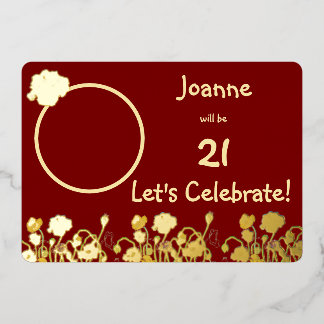Deep Red & Gold Wild Poppy 21. Geburtstag Folieneinladung