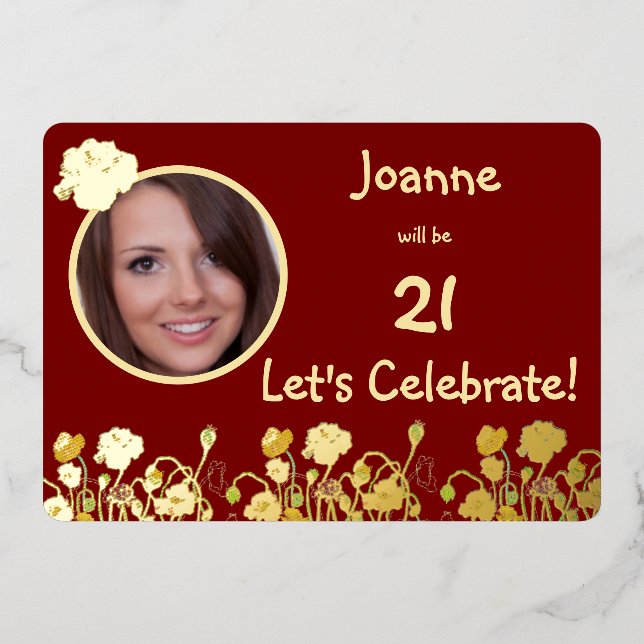 Deep Red & Gold Wild Poppy 21. Geburtstag Folieneinladung (Vorderseite)