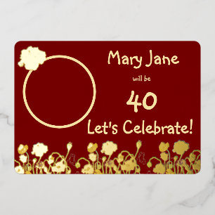 Deep Red & Gold Wild Poppy 40. Geburtstag Folieneinladung