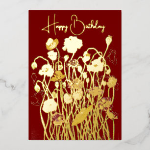 Deep Red & Gold Wild Poppy Wasserfarbe Geburtstag Folien Feiertagskarte