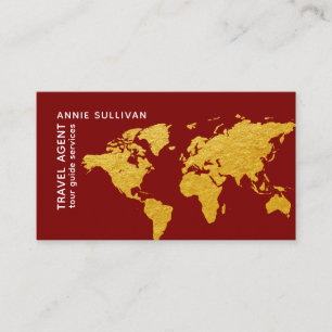 Deep Red Gold World Map Travel Agent Visitenkarte
