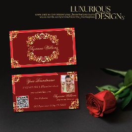 Deep Red Golden Verziert mit Foto und QR Code Visitenkarte