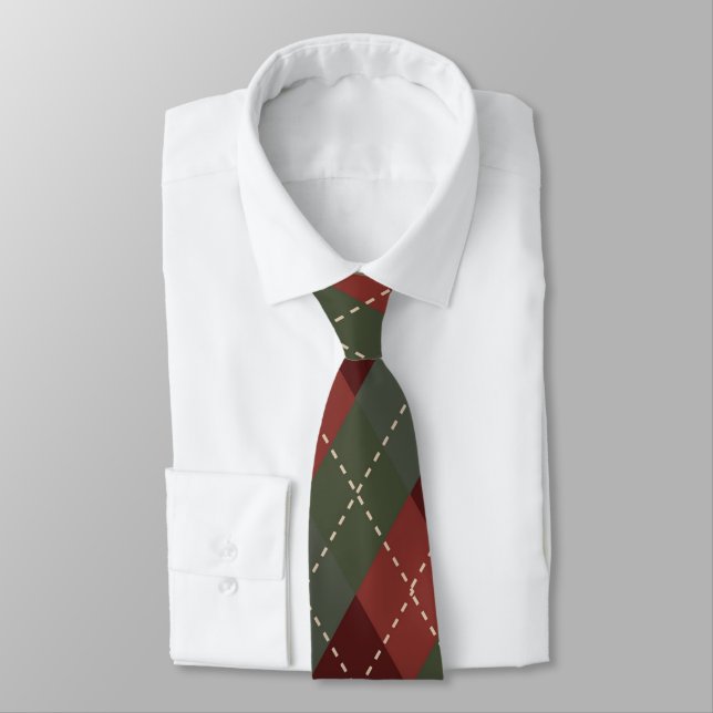 Deep Red & Green Christmas Rauten Necktie Krawatte (Gebunden)
