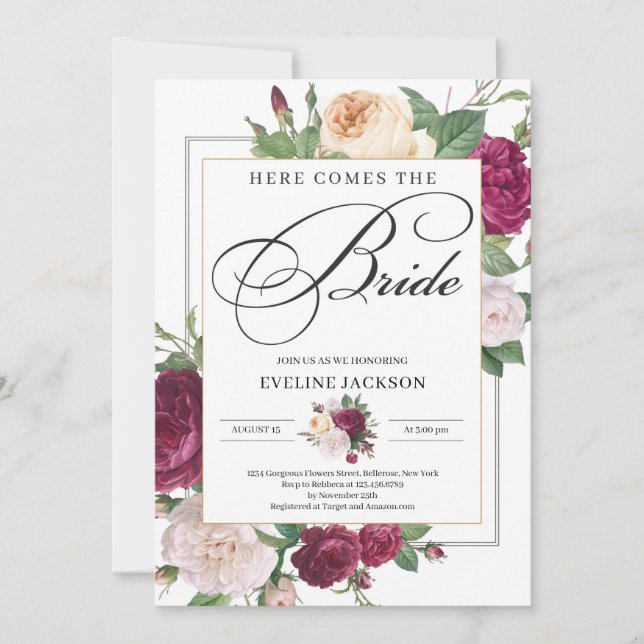 Deep Red Maroon burgundy Blumengold Brautparty Einladung (Vorderseite)