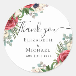 Deep Red Navy Floral Eukalyptus Greenerity Wedding Runder Aufkleber