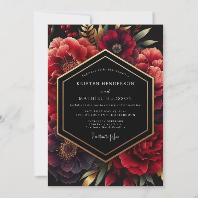 Deep Red Opulent Floral Wedding Einladung (Vorderseite)